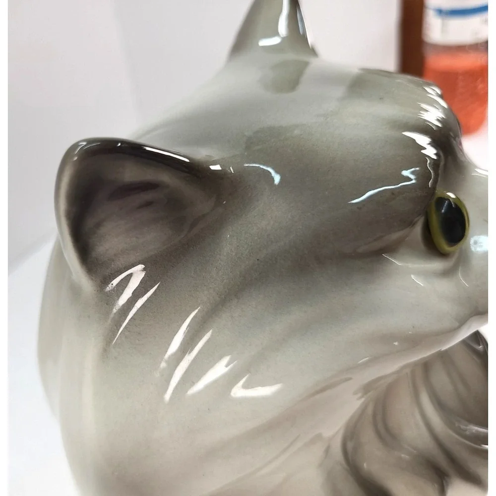 Vintage Large Ceramic Cat Grey Persian MCM Glossy Glaze Finish 17